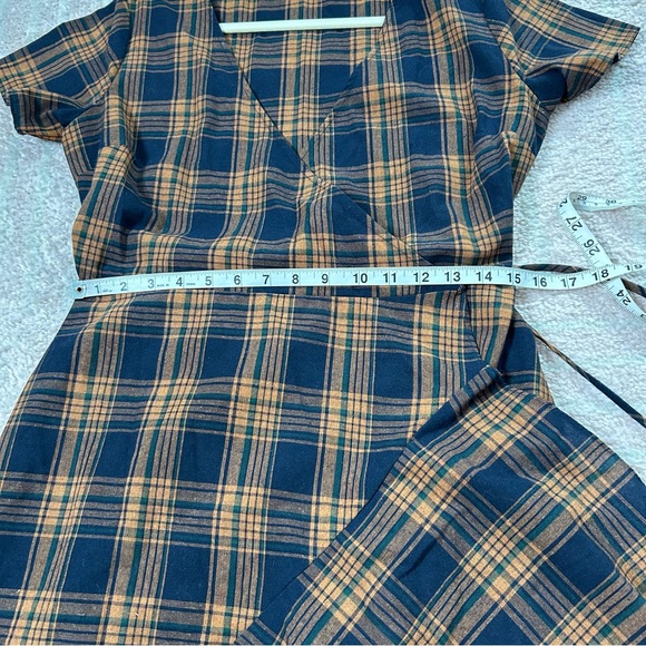 Stelen Cotton Plaid Wrap Dress Orange Navy Green Fall Plaid Size Med Ruffle Hem - Picture 7 of 9